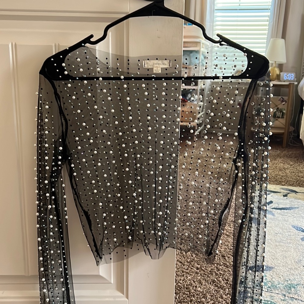 Size small, Brand: Amazing Lace, long sleeve mesh pearl and jeweled top